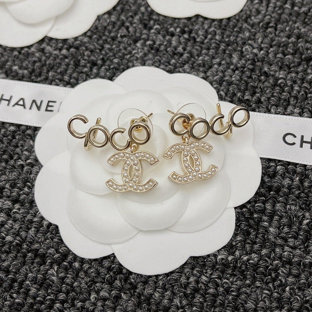 Chanel-Inspired Pearl Monogram Coco Climber Drop Earrings (Gold)