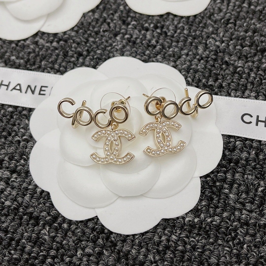 Chanel-Inspired Pearl Monogram Coco Climber Drop Earrings (Gold)