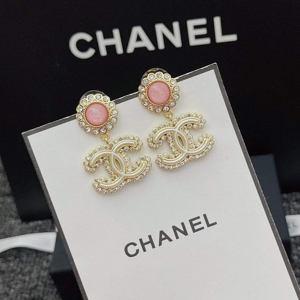 Chanel-Inspired Pink Glass & Crystal Monogram Logo Drop Earrings (Gold)