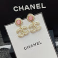 Chanel-Inspired Pink Glass & Crystal Monogram Logo Drop Earrings (Gold)