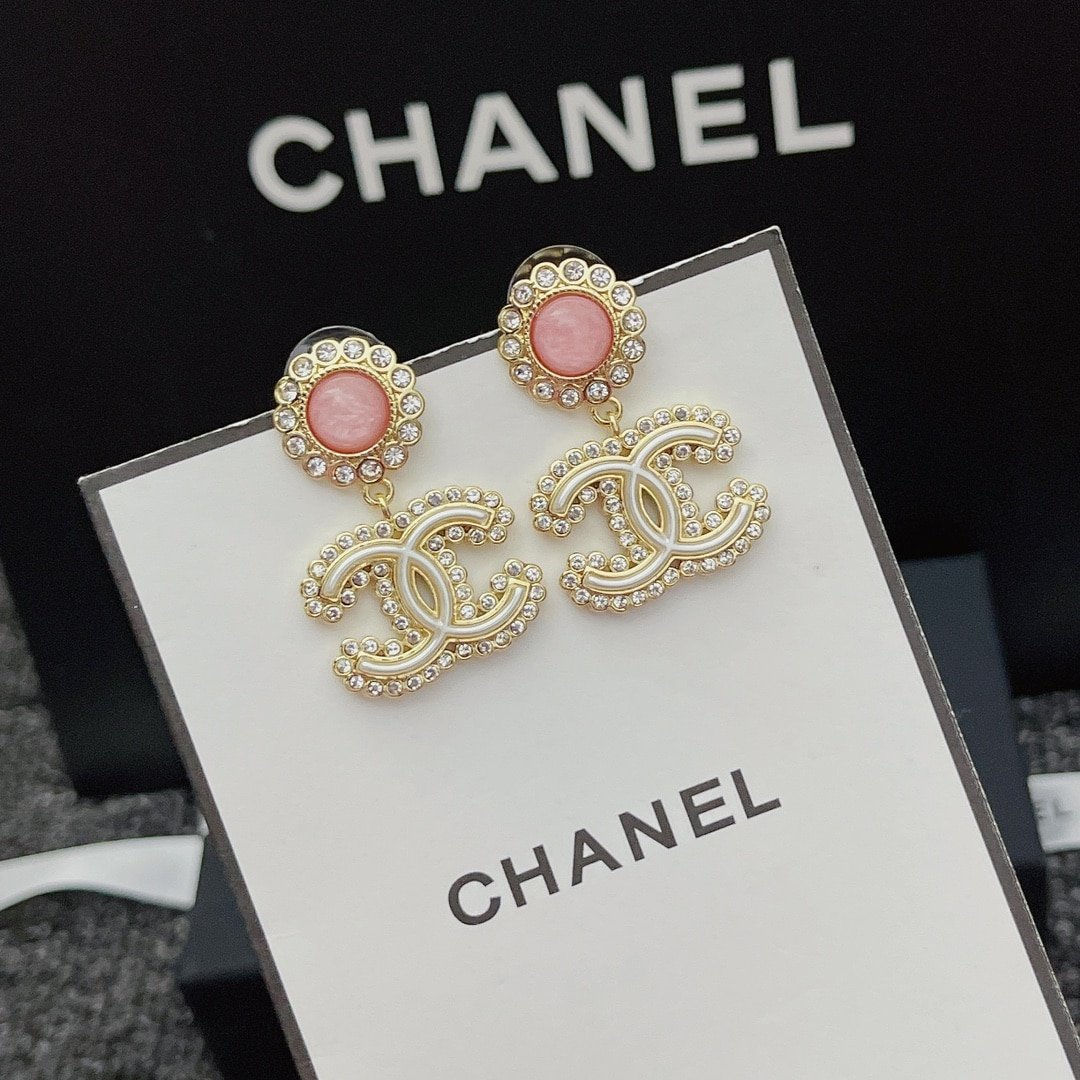 Chanel-Inspired Pink Glass & Crystal Monogram Logo Drop Earrings (Gold)