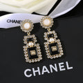 Chanel-Inspired Black Glass & Crystal Perfume Bottle Drop Earrings (Gold)