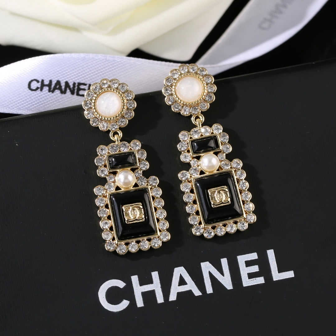Chanel-Inspired Black Glass & Crystal Perfume Bottle Drop Earrings (Gold)