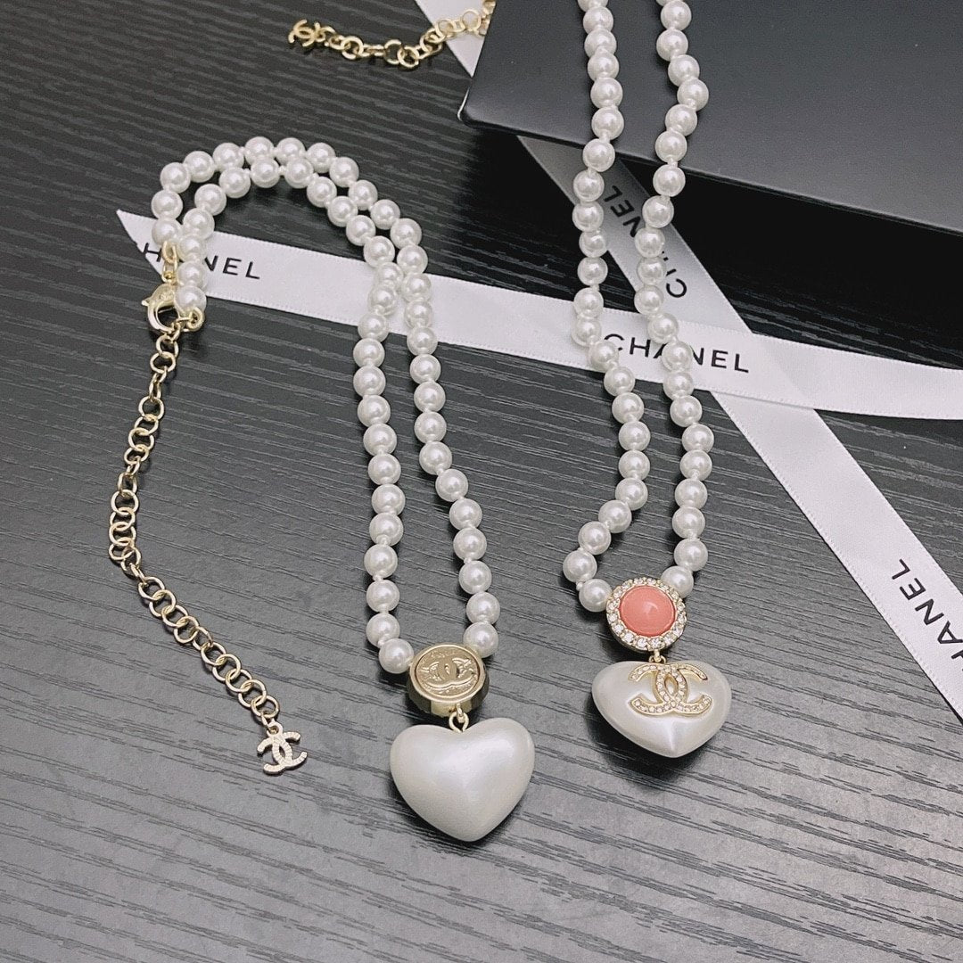 Chanel-Inspired Pearl Strand Necklace with Heart & Pink Crystal Monogram Pendant