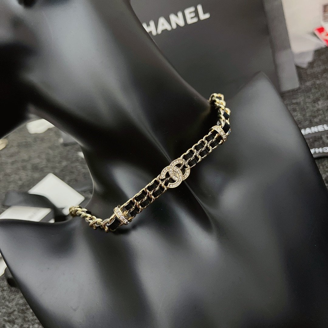 Chanel-Inspired Crystal Monogram Gold Chain & Leather Woven Choker Necklace