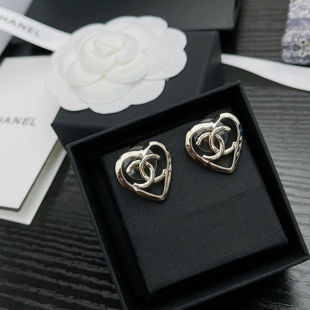 Chanel-Inspired Coco In Love Monogram Open Heart Stud Earrings (Gold)