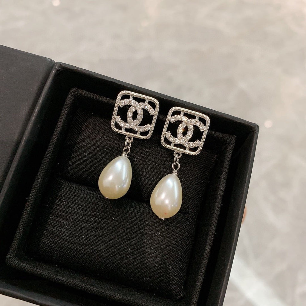 CC Monogram Pearl Drop Earrings