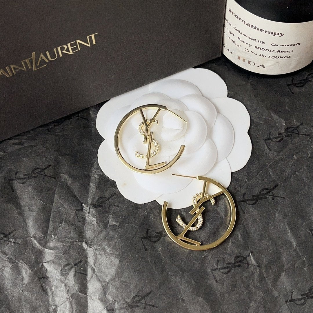 Saint Laurent YSL Hoop Earrings With Crystal Gold