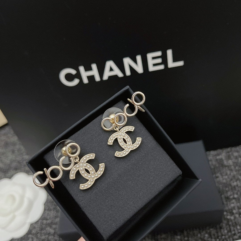 Chanel-Inspired Pearl Monogram Coco Climber Drop Earrings (Gold)