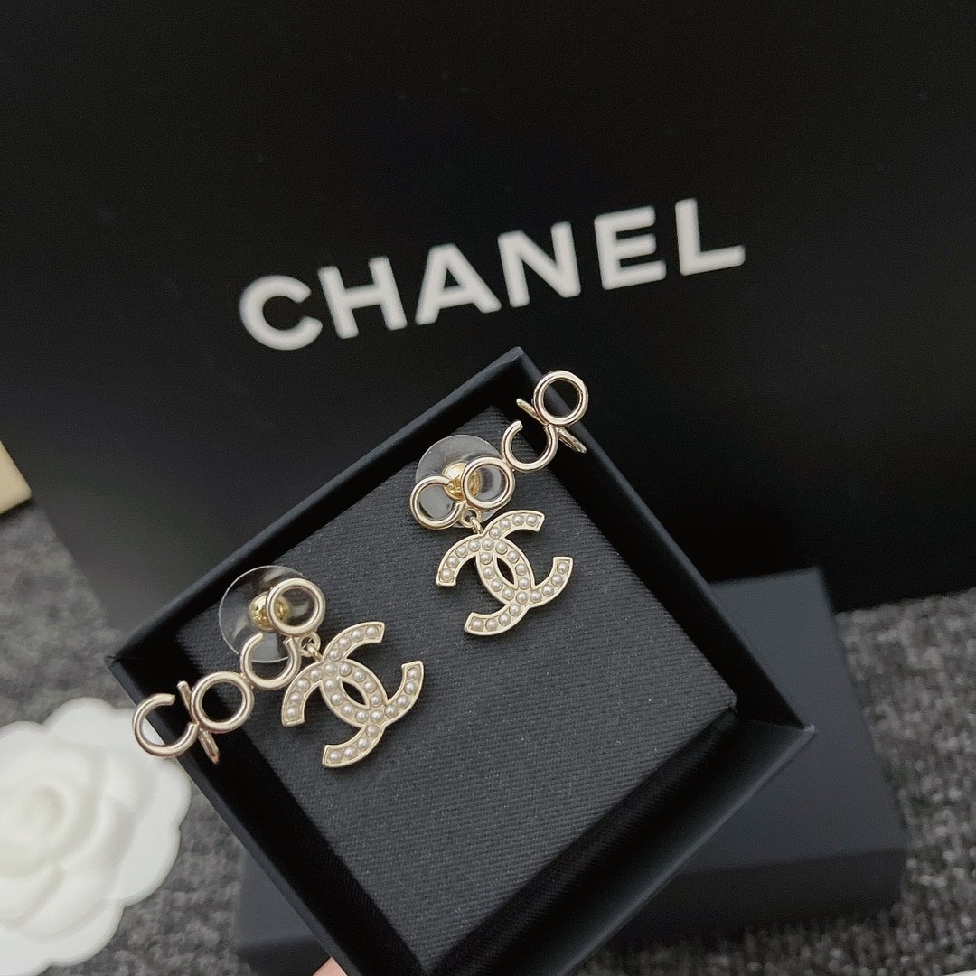 Chanel-Inspired Pearl Monogram Coco Climber Drop Earrings (Gold)