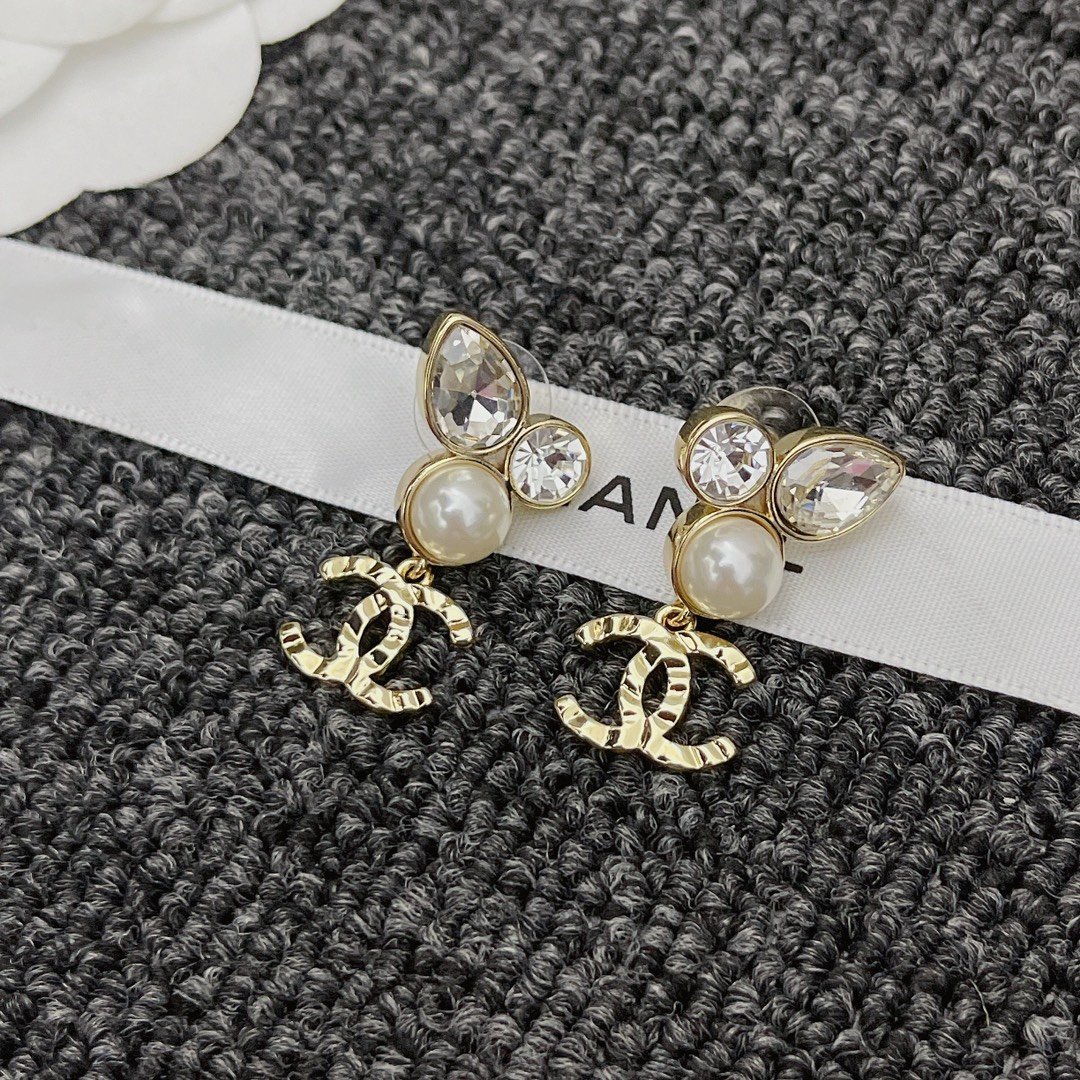 Chanel-Inspired Pearl & Crystal Monogram Drop Earrings (Gold)