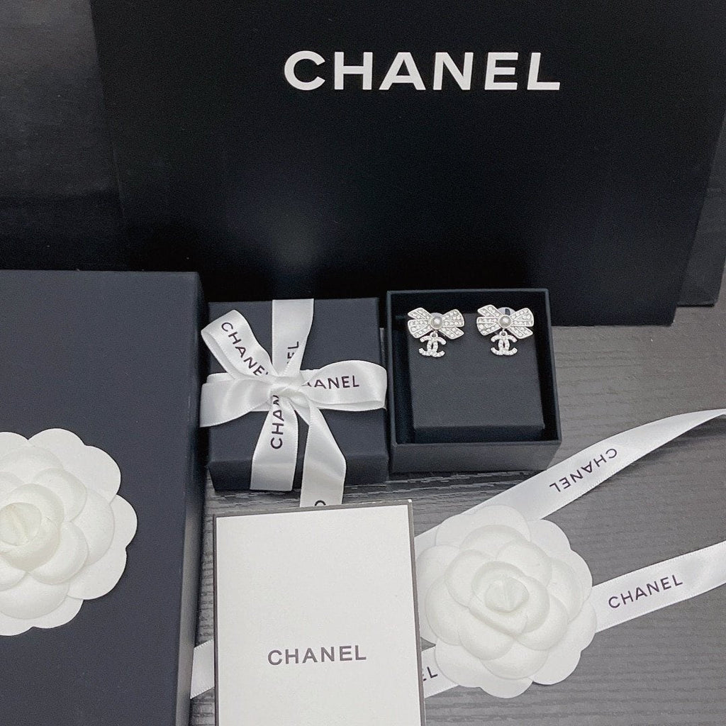 Chanel Crystal Cc Bow Drop Earrings Silver