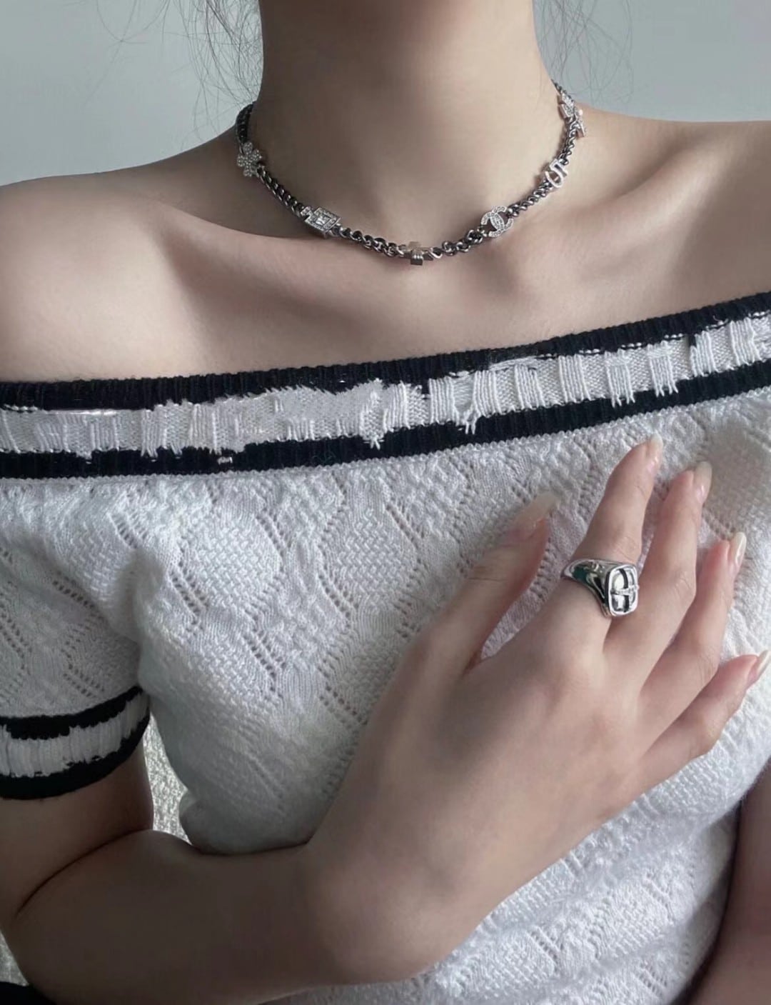 Chanel Ruthenium Crystal Chain CC Lucky Charms Choker Necklace
