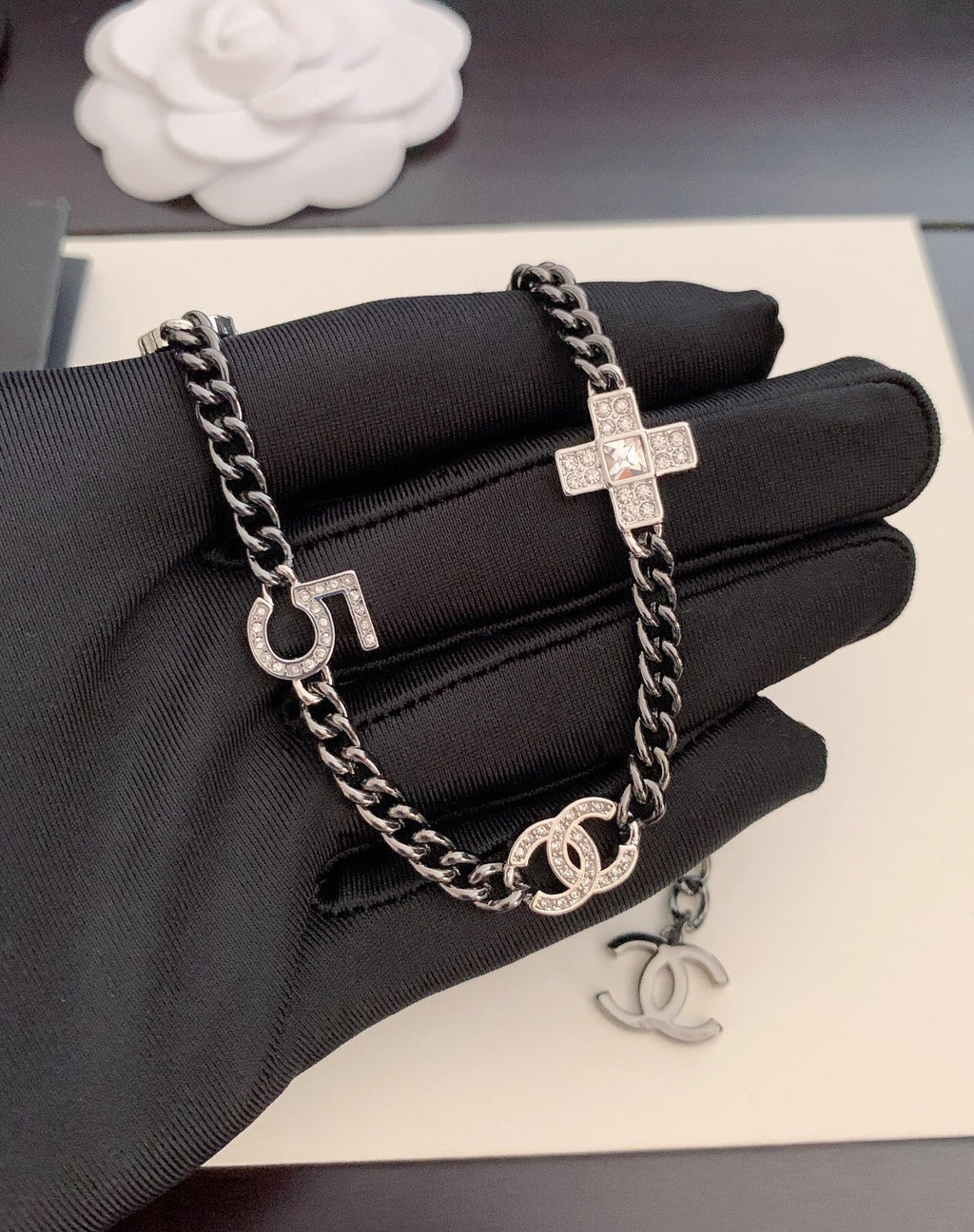 Chanel Ruthenium Crystal Chain CC Lucky Charms Choker Necklace