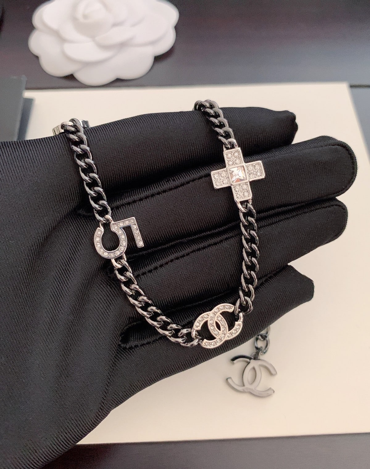 Chanel Ruthenium Crystal Chain CC Lucky Charms Choker Necklace