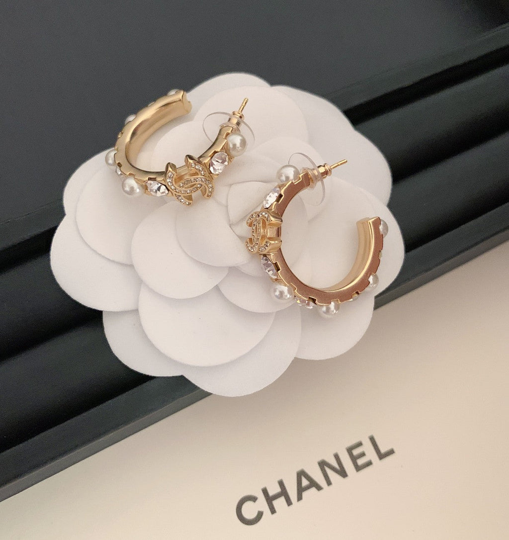 Chanel-Inspired Pearl & Crystal Monogram Gold Hoop Earrings