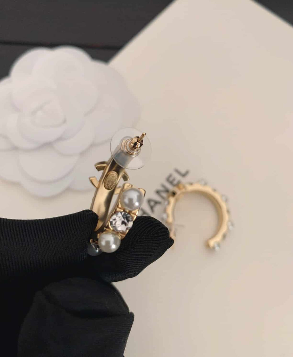 Chanel-Inspired Pearl & Crystal Monogram Gold Hoop Earrings