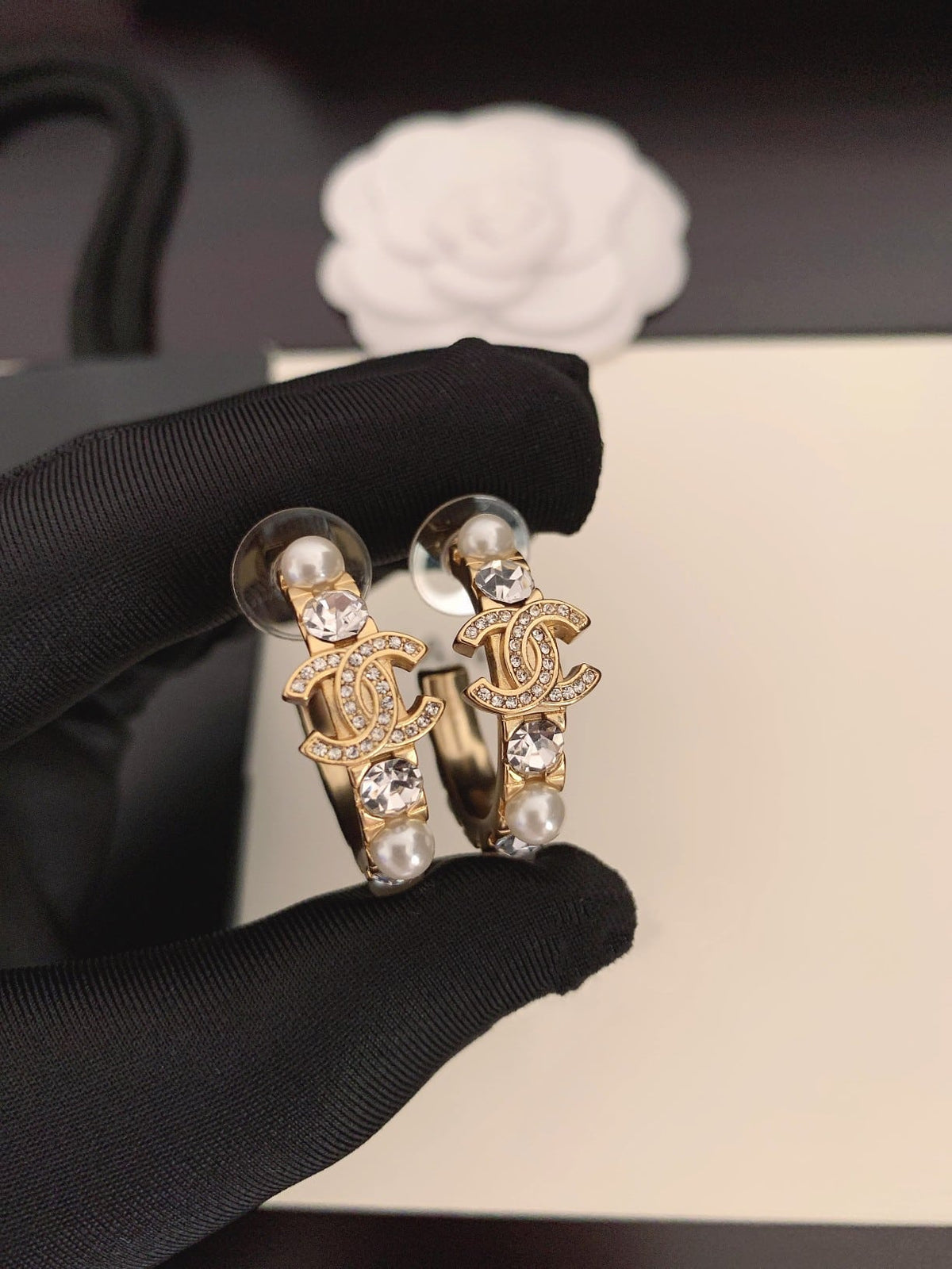 Chanel-Inspired Pearl & Crystal Monogram Gold Hoop Earrings