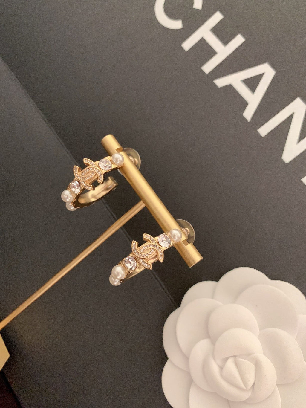 Chanel-Inspired Pearl & Crystal Monogram Gold Hoop Earrings