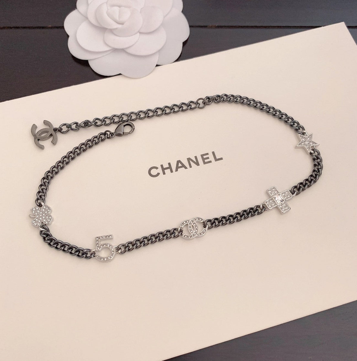 Chanel Ruthenium Crystal Chain CC Lucky Charms Choker Necklace