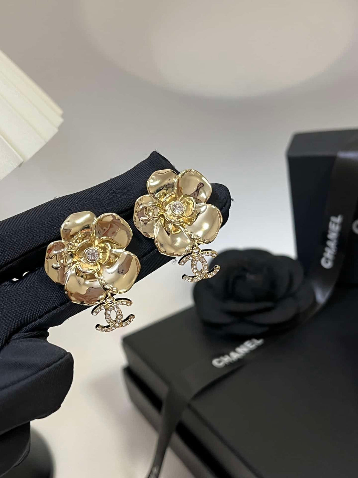 Chanel CC Flower Earrings with Crystal Gold