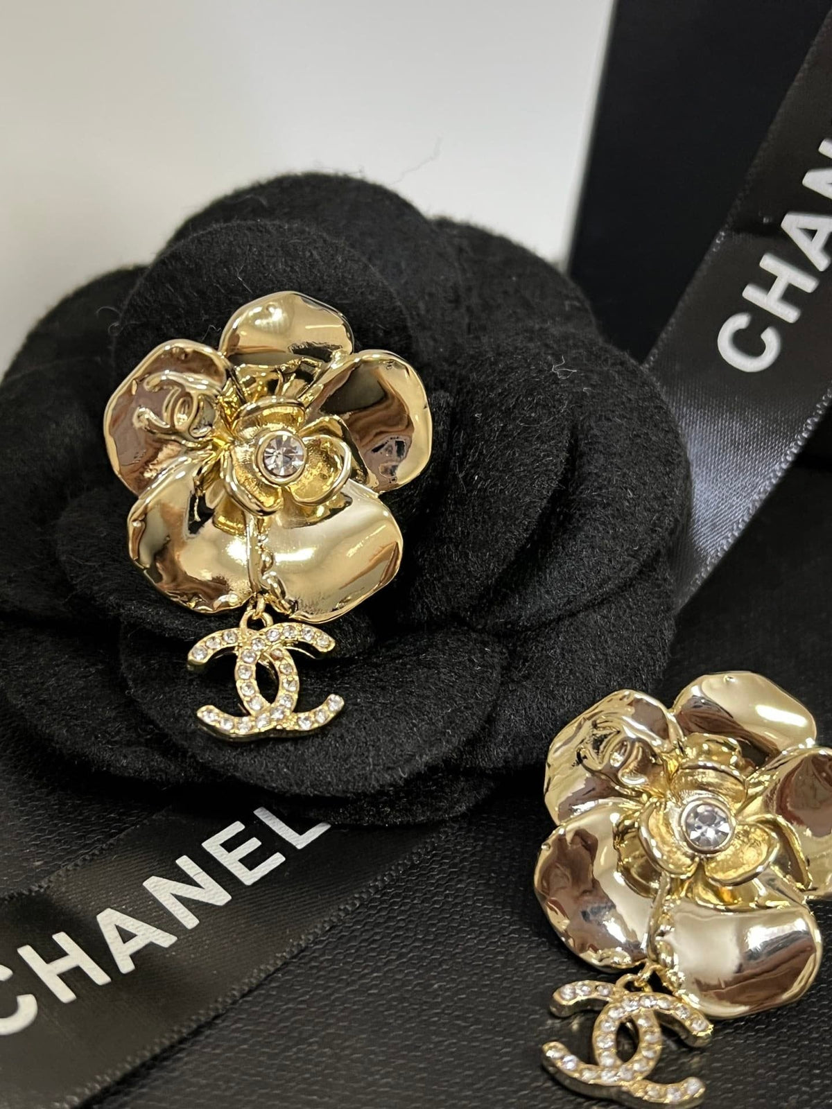 Chanel CC Flower Earrings with Crystal Gold