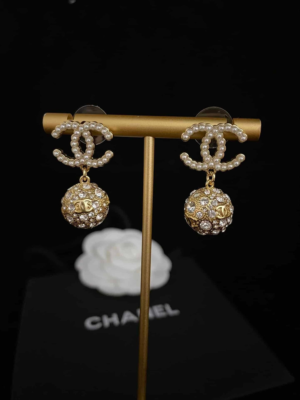 Chanel-Inspired Gold Ball Crystal & Pearl Monogram Drop Earrings