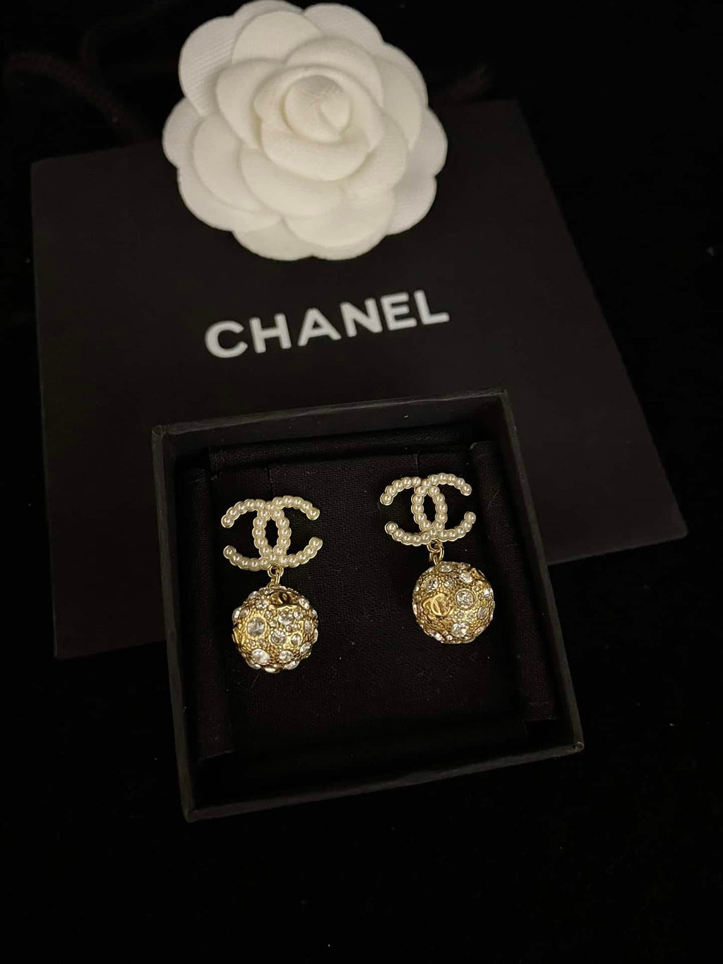 Chanel-Inspired Gold Ball Crystal & Pearl Monogram Drop Earrings
