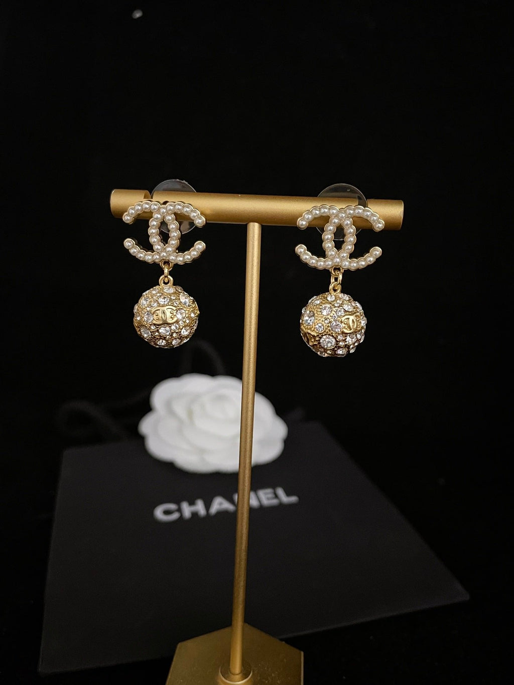 Chanel-Inspired Gold Ball Crystal & Pearl Monogram Drop Earrings