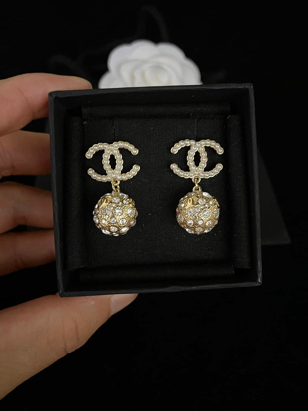 Chanel-Inspired Gold Ball Crystal & Pearl Monogram Drop Earrings