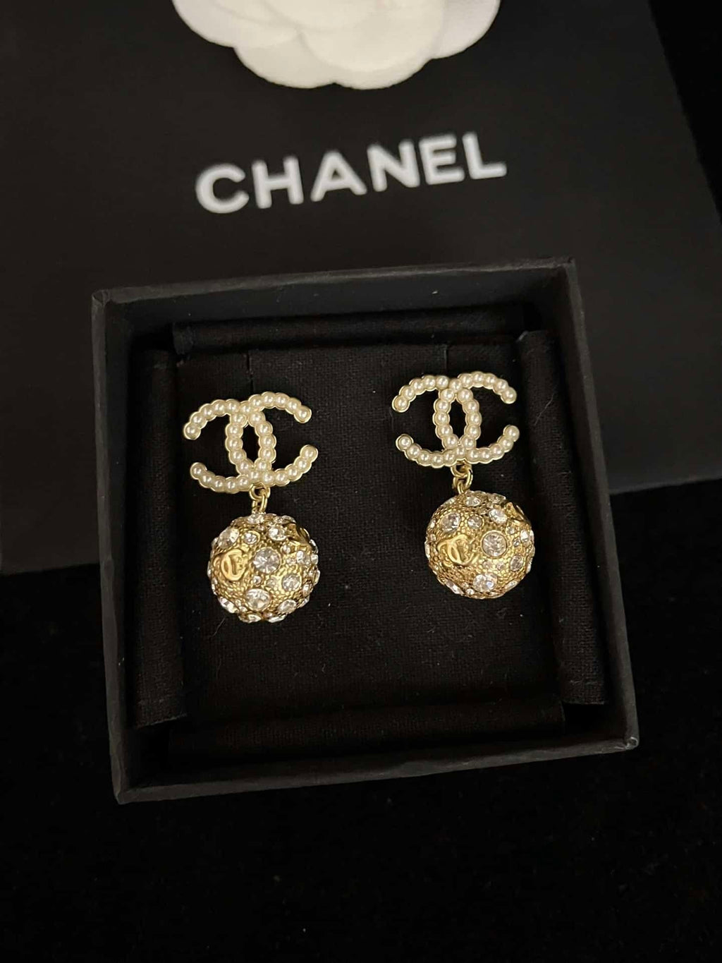 Chanel-Inspired Gold Ball Crystal & Pearl Monogram Drop Earrings