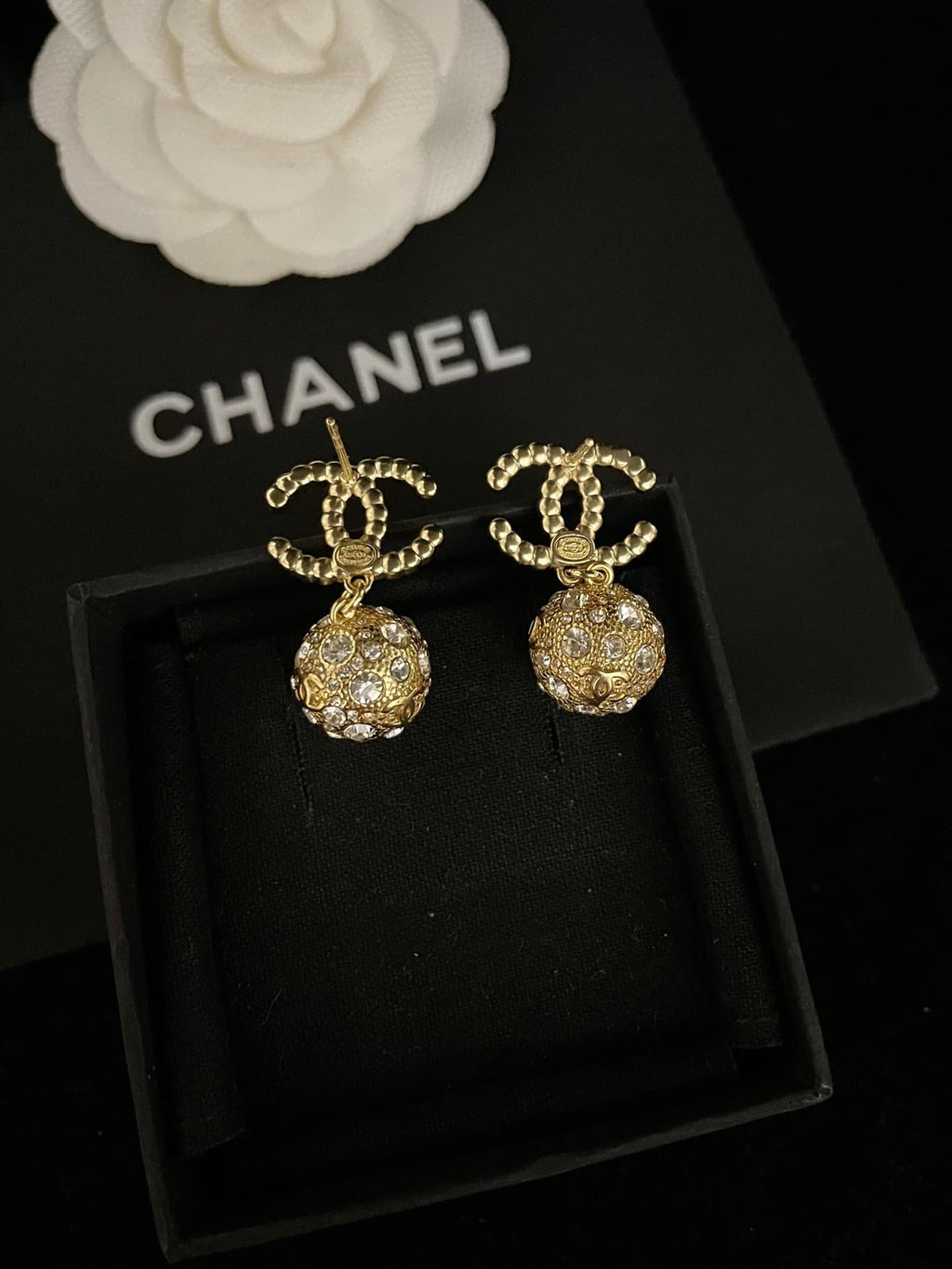Chanel-Inspired Gold Ball Crystal & Pearl Monogram Drop Earrings