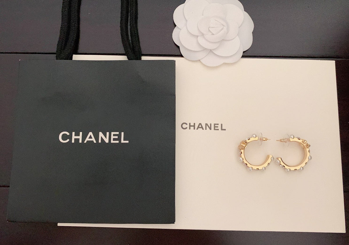 Chanel-Inspired Pearl & Crystal Monogram Gold Hoop Earrings