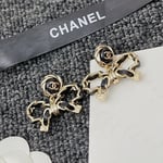 Chanel-Inspired Black Enamel Monogram Rose & Leather Chain Bow Drop Earrings (Gold)