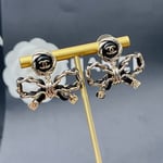 Chanel-Inspired Black Enamel Monogram Rose & Leather Chain Bow Drop Earrings (Gold)