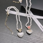 Chanel-Inspired Pearl Strand Necklace with Heart & Pink Crystal Monogram Pendant