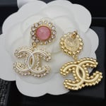 Chanel-Inspired Pink Glass & Crystal Monogram Logo Drop Earrings (Gold)