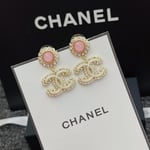 Chanel-Inspired Pink Glass & Crystal Monogram Logo Drop Earrings (Gold)