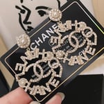 Chanel-Inspired Pearl Caged Monogram Drop Earrings (Gold)