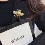 Gucci GG Black and Red Bee Brooch in Gold with Pearl