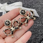 Chanel-Inspired Black Enamel Monogram Rose & Leather Chain Bow Drop Earrings (Gold)
