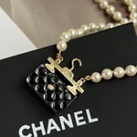 Chanel-Inspired Pearl & Quilted Flap Bag Pendant Necklace (Gold)