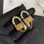 Chanel-Inspired Pearl Arc & Quilted Mini Flap Bag Drop Earrings (Gold)
