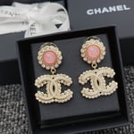 Chanel-Inspired Pink Glass & Crystal Monogram Logo Drop Earrings (Gold)