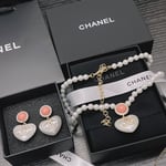 Chanel-Inspired Pearl Strand Necklace with Heart & Pink Crystal Monogram Pendant