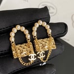 Chanel-Inspired Pearl Arc & Quilted Mini Flap Bag Drop Earrings (Gold)