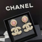 Chanel-Inspired Pink Glass & Crystal Monogram Logo Drop Earrings (Gold)