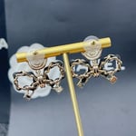 Chanel-Inspired Black Enamel Monogram Rose & Leather Chain Bow Drop Earrings (Gold)