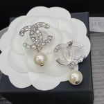 Chanel Silver-Tone Metal CC Pin Brooch with Faux Pearls