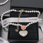 Chanel-Inspired Pearl Strand Necklace with Heart & Pink Crystal Monogram Pendant